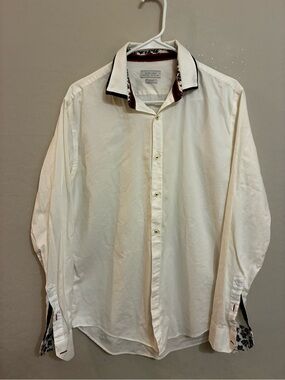 Zara White Dress Shirt with Black and Burgundy Collar Trim